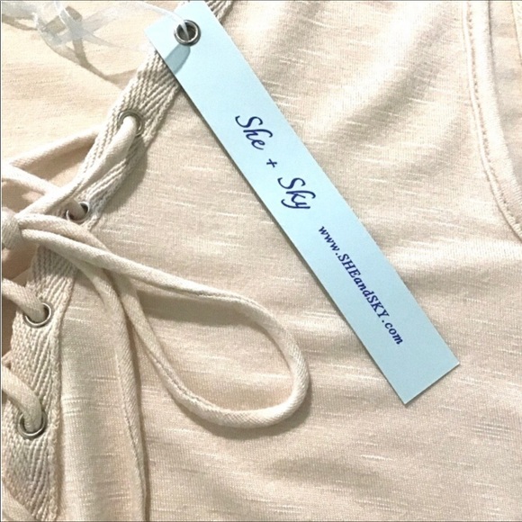 She & Sky Cold Shoulder Top Size M Lace Up V-Neck Long Sleeves Cream New NWT - Picture 7 of 8